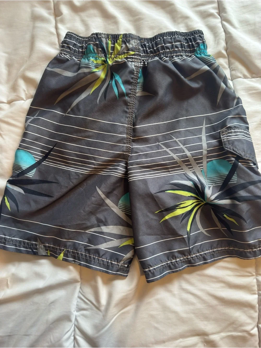 Kanu Surf Gray Swim Trunks with Lime Green & Teal Tropical Print